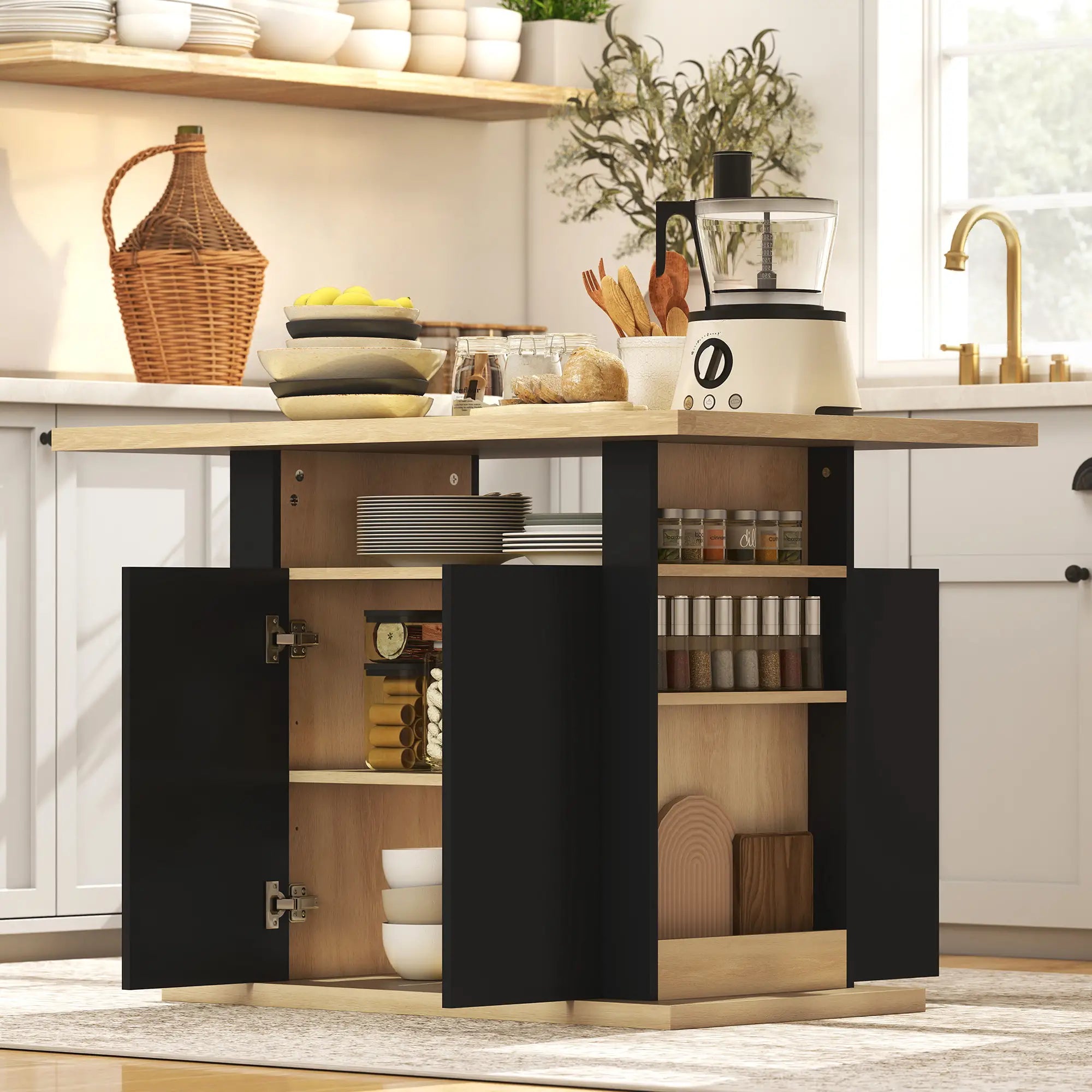 Kitchen Island Dining Table, 4-Door Cabinet, Black Kitchen Islands & Kitchen Carts at Gallery Canada