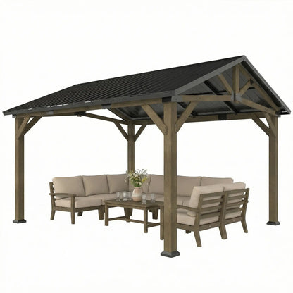 13' x 11' Hardtop Gazebo, Galvanised Metal Roof, Fir Wood Frame, Black Grey