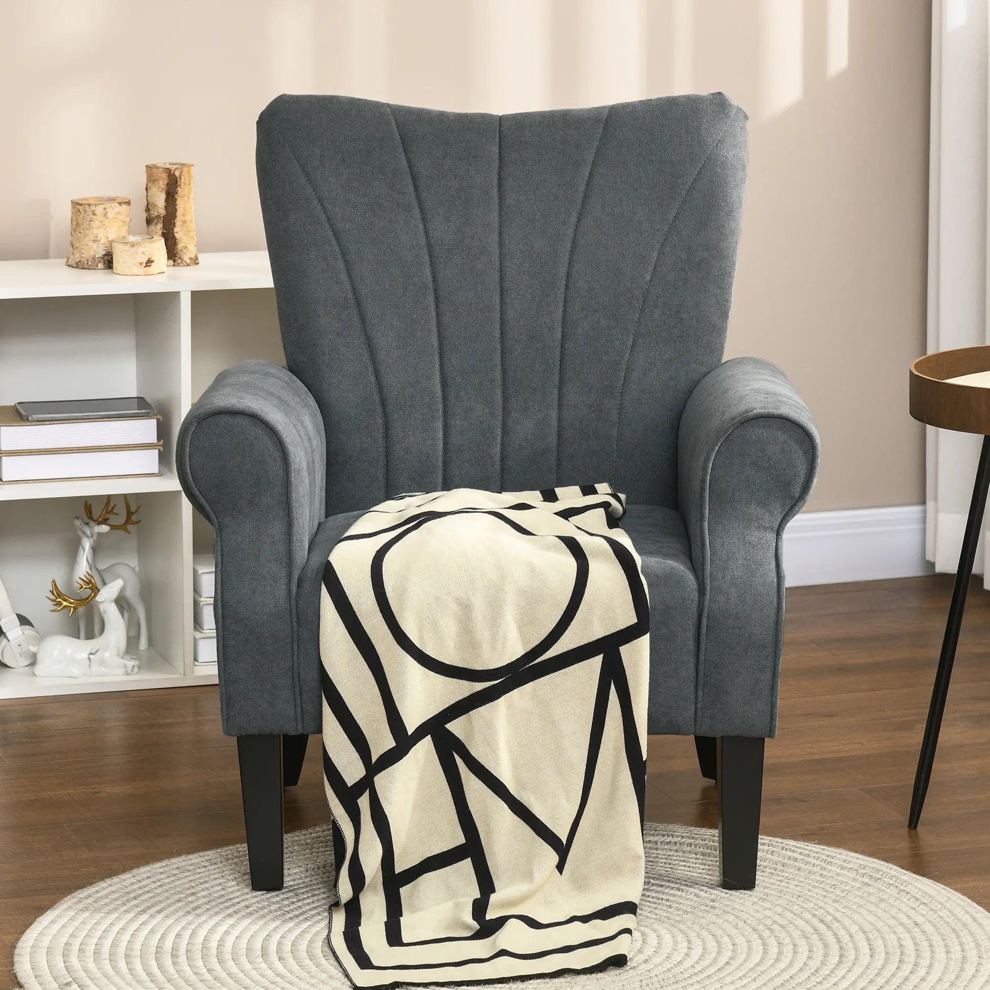 Modern Fabric Armchair, Wood Legs, Living Room, Bedroom, Dark Grey Accent Chairs at Gallery Canada