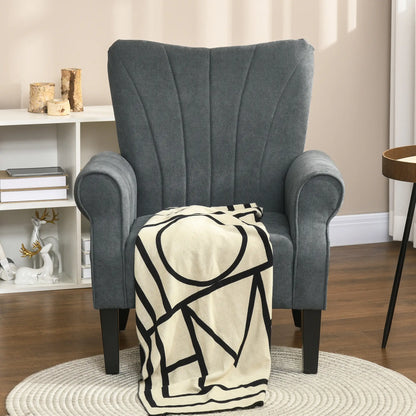 Modern Fabric Armchair, Wood Legs, Living Room, Bedroom, Dark Grey Accent Chairs at Gallery Canada