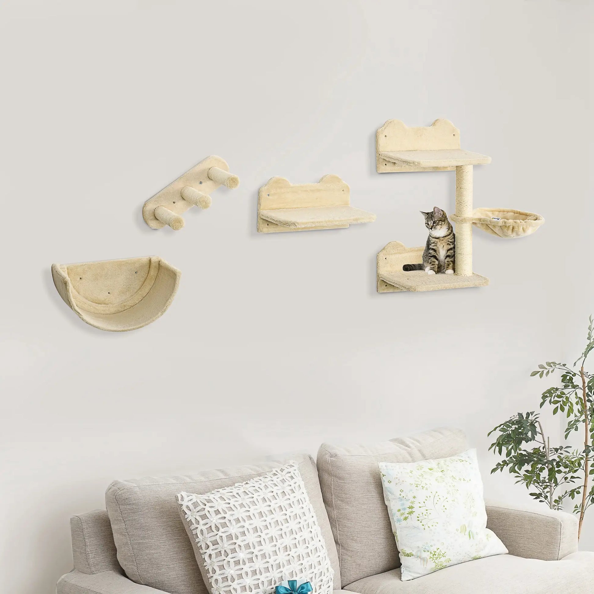 Cat Wall Shelves, 3PCs with Hammock, Scratching Post, Beige Cat Climbing Wall at Gallery Canada