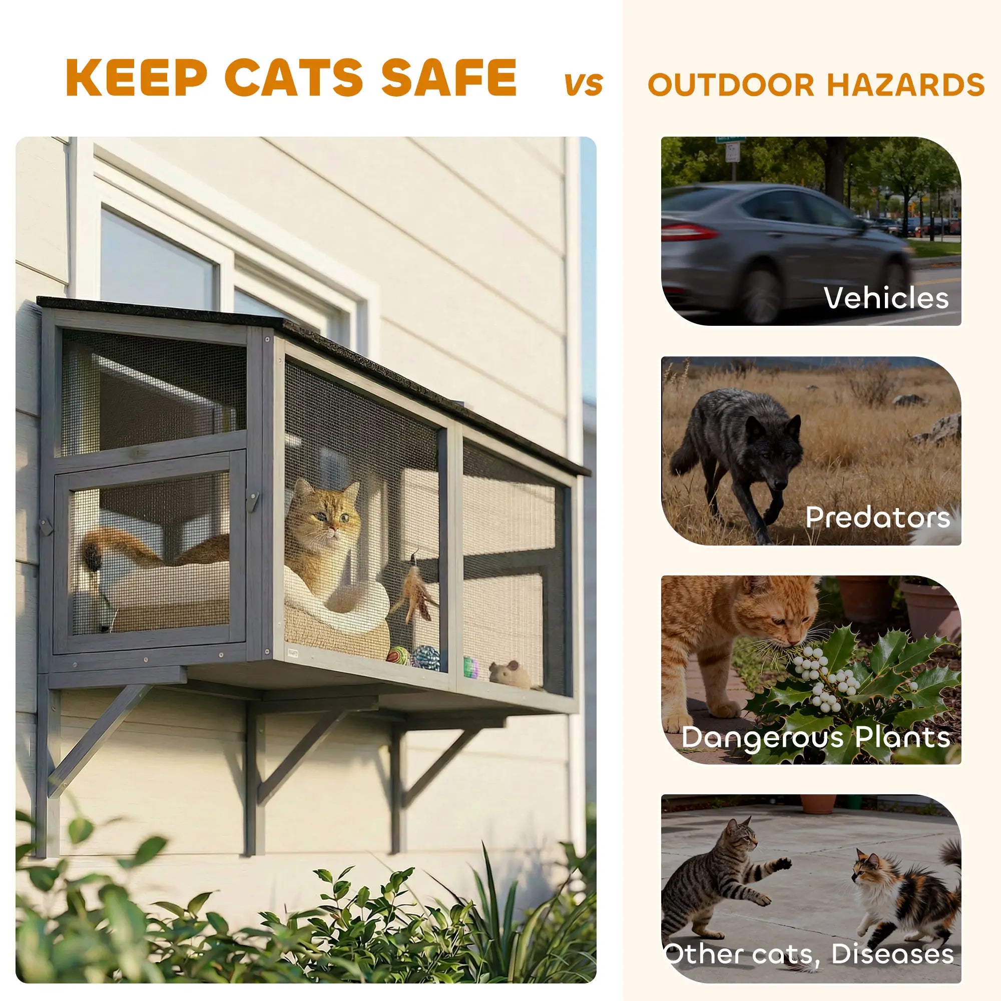 Outdoor Cat Enclosure, Expandable Wooden Cat House, 51.2