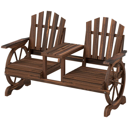 Wooden Outdoor Loveseat, Wagon Wheel Bench With Table, Carbonized