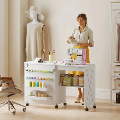 Sewing Machine Table on Wheels, Folding Craft Table with Storage, White Storage Cabinets at Gallery Canada