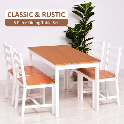 Dining Table Set for 4, 5 Piece Pine Wood Kitchen Table with High Back Chairs, White and Natural Wood at Gallery Canada