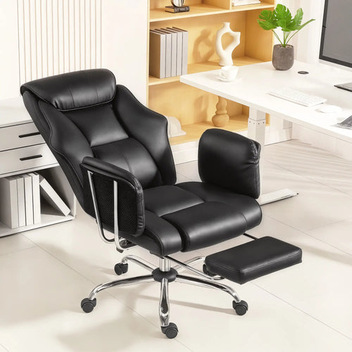 Reclining Office Chair, High Back Executive Desk Chair, PU Leather, Footrest, Swivel Wheels, Black