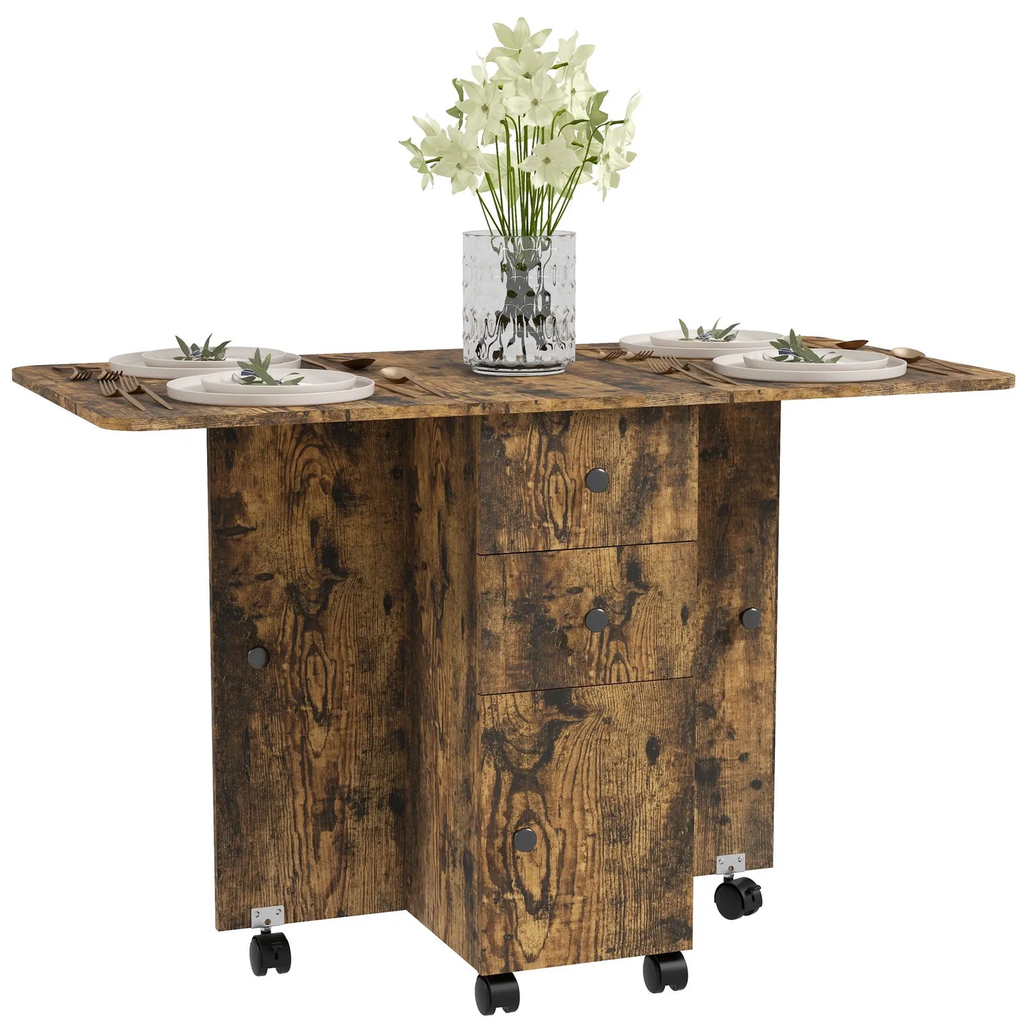 Drop Leaf Dining Table, Mobile Folding Table With Drawers, Rustic Brown, Brown Bar Tables & Dining Tables at Gallery Canada