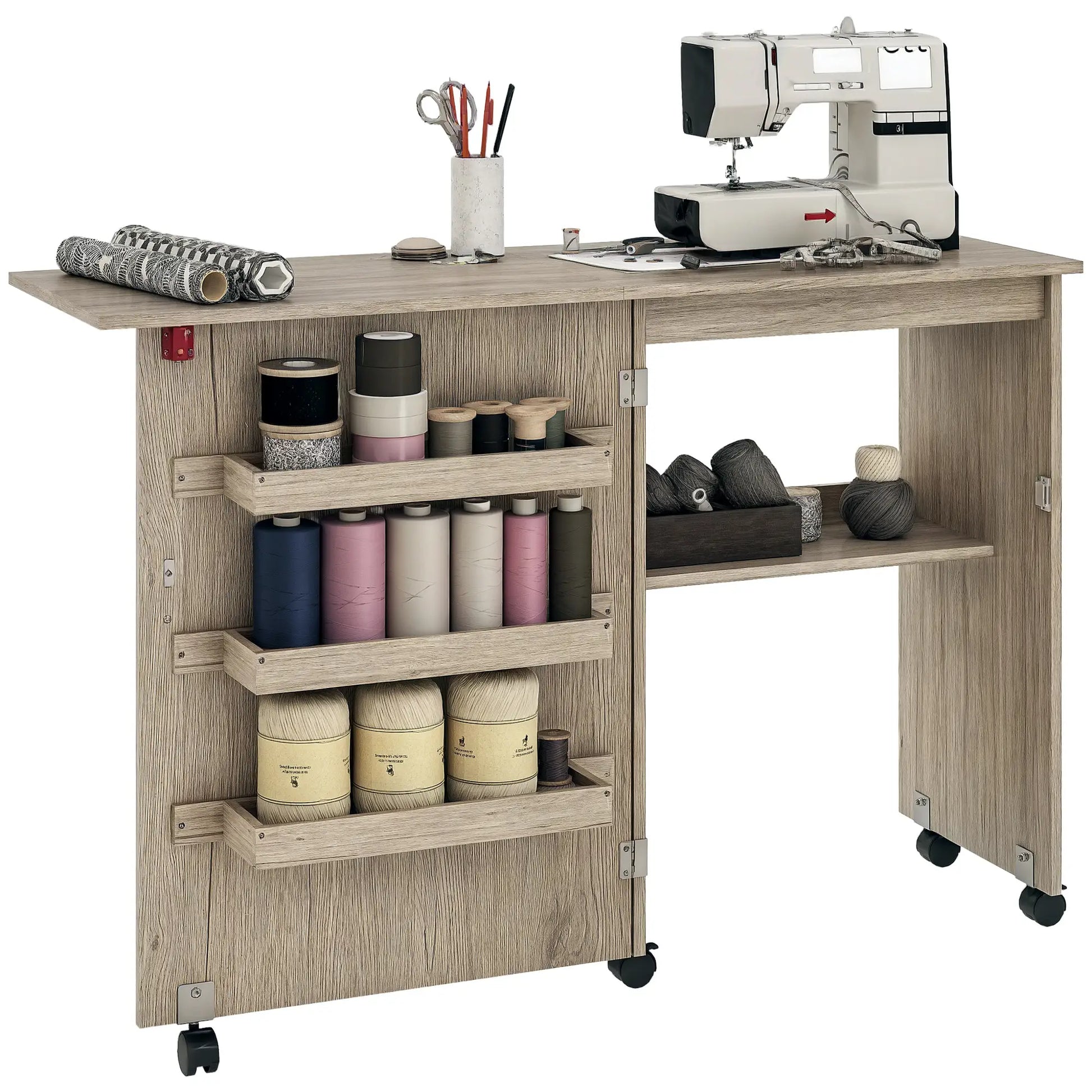 Folding Sewing Table with Storage Shelf, Bins, Lockable Wheels, Grey Storage Cabinets at Gallery Canada
