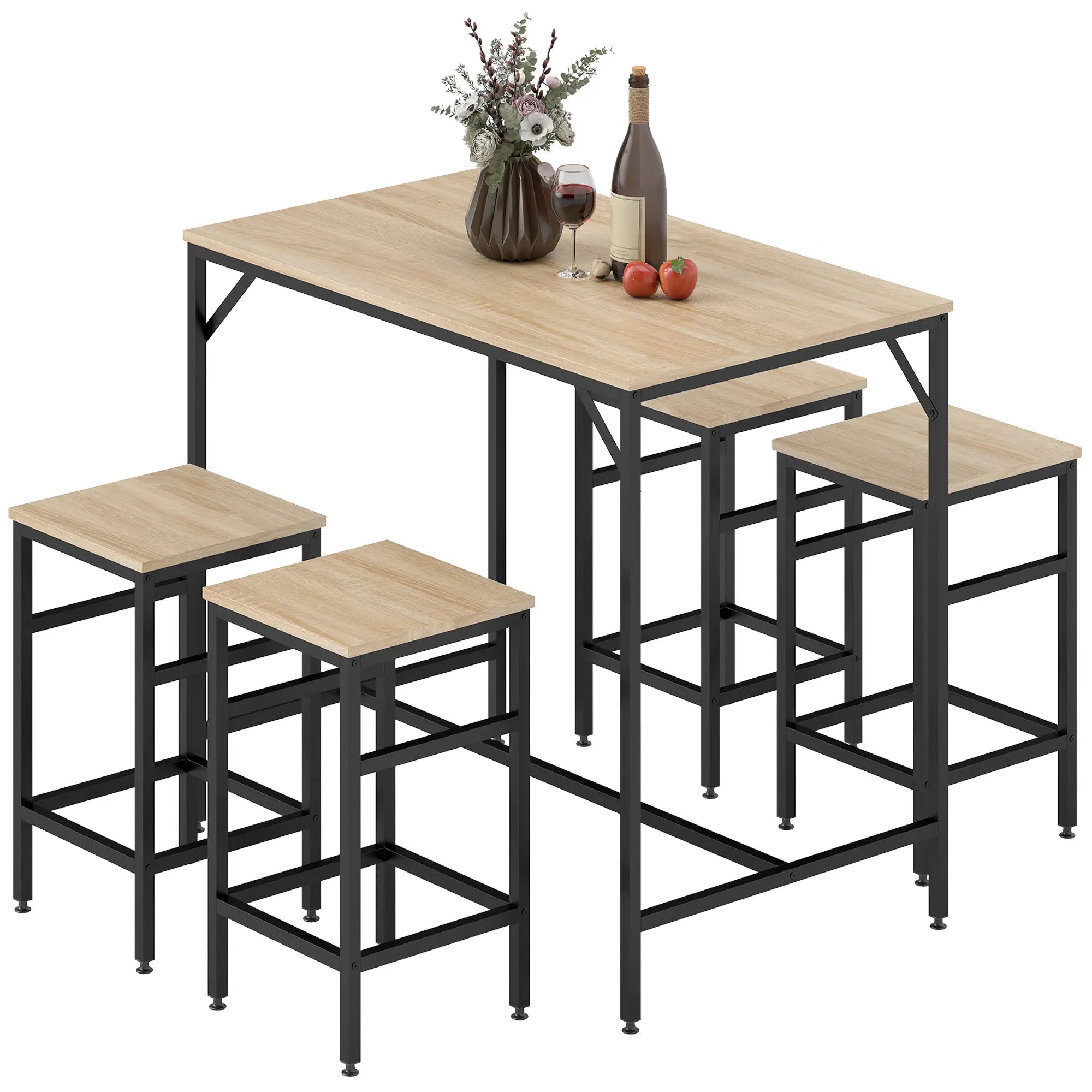 5-Piece Industrial Rectangular Bar Table Set, 4 Stools, Oak Bar Sets at Gallery Canada