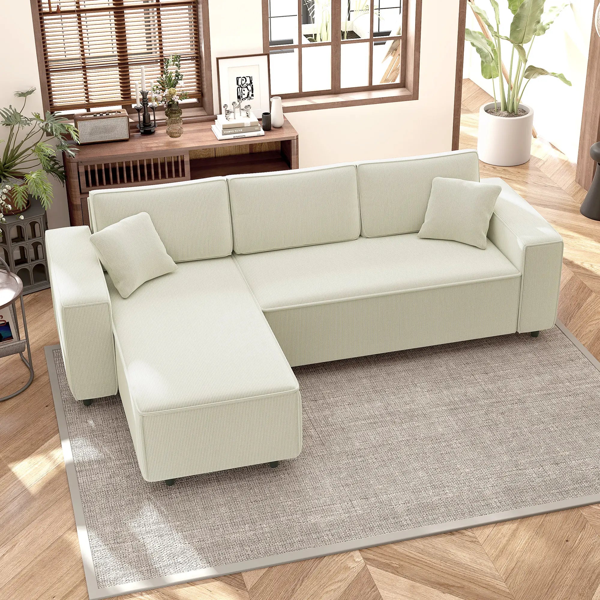 Corner Sofa, L-Shaped Sectional, Corduroy, Pocket Spring, Cream White Sofas & Reclining Chairs at Gallery Canada