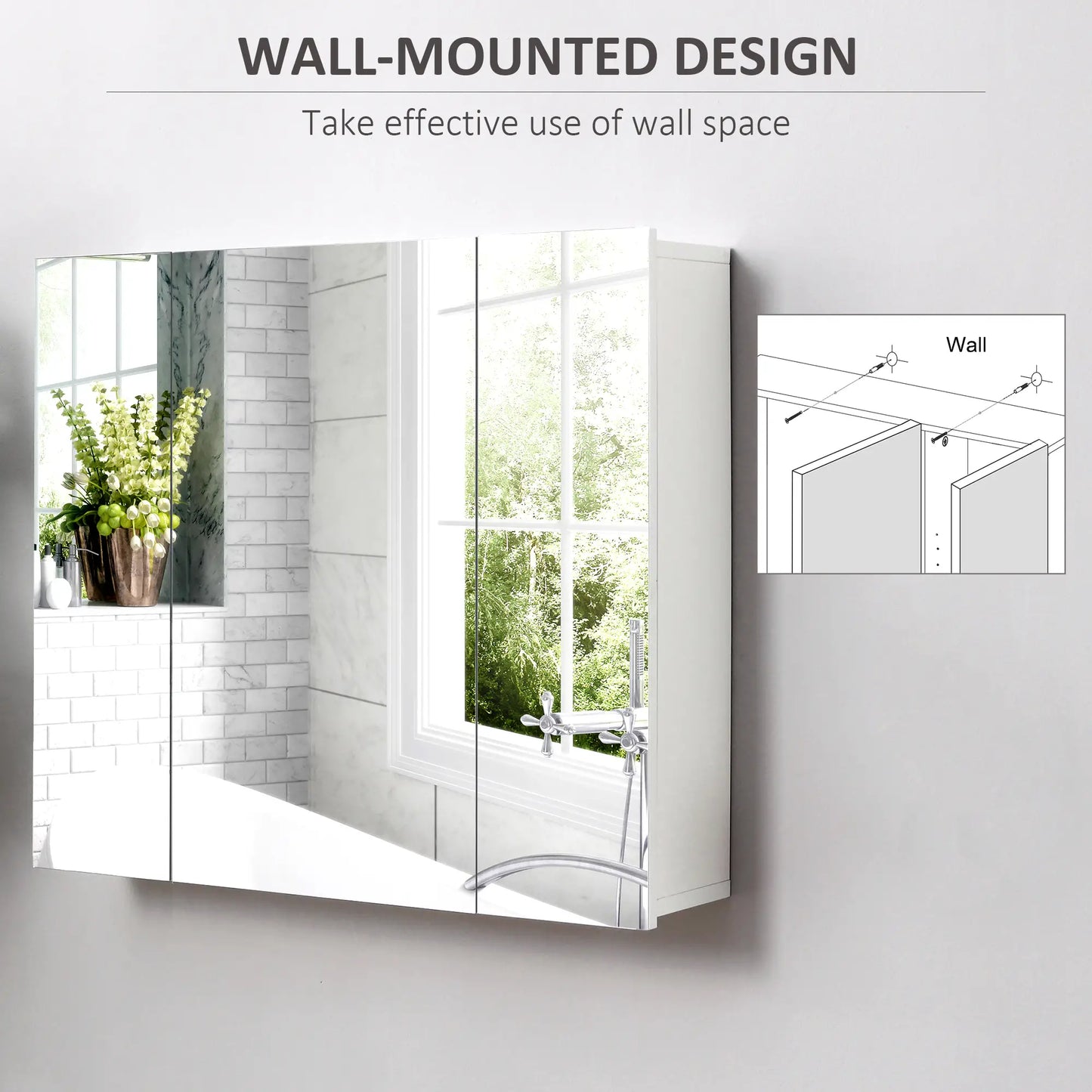 28" x 24" Wall Mounted Mirror Cabinet, 3 Doors, Adjustable Shelves, White Mirror Medicine Cabinets at Gallery Canada