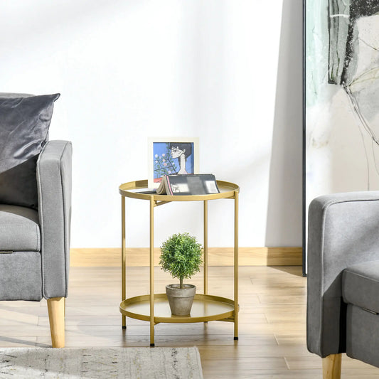 2-Tier Gold Side Table, Round Nightstand, Removable Trays, Folding Metal Frame, Gold Side Tables Gold at Gallery Canada