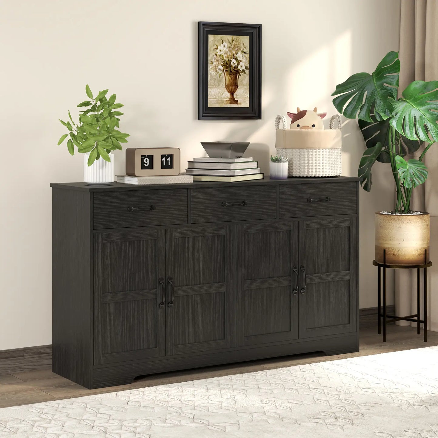 Modern Sideboard Buffet Cabinet, 3 Drawers, Adjustable Shelves, Distressed Black, Black Bar Cabinets at Gallery Canada