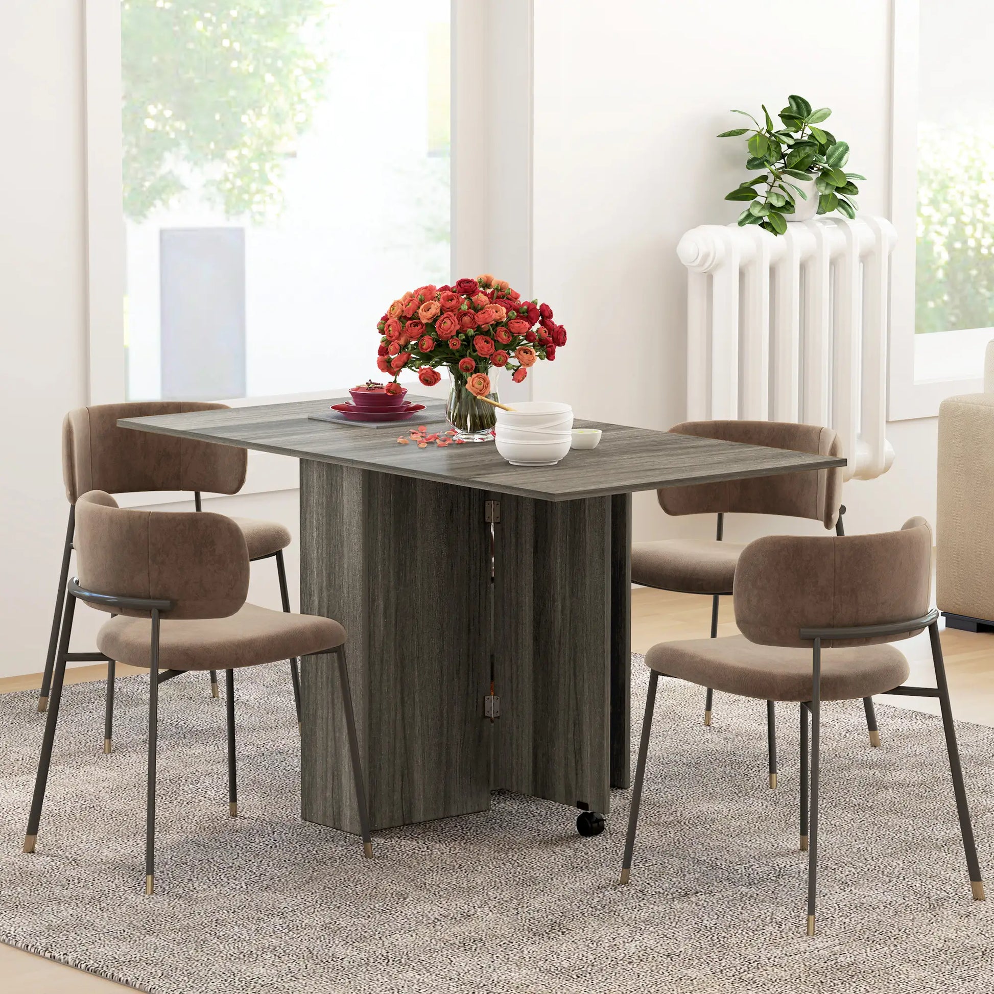 Extendable Dining Table, Collapsible w/ Shelves, Grey Wood Grain, Grey Dining Tables at Gallery Canada