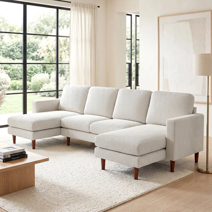 U Shaped Sectional Sofa, Corduroy, Double Chaise, Spring Cushions, 2200lb, Beige 3-Seater Sofas at Gallery Canada