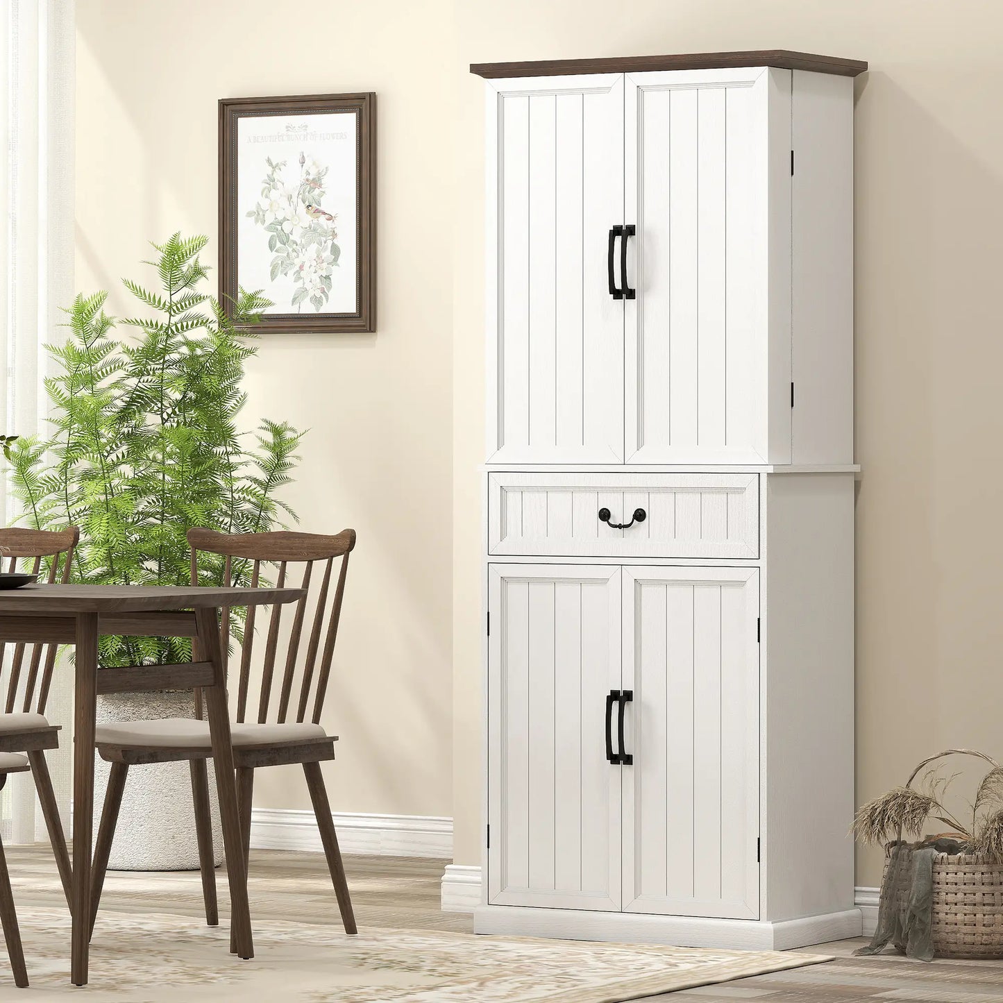 71" LED Kitchen Pantry Cabinet, Farmhouse Storage, Distressed White, White Kitchen Pantry Cabinets at Gallery Canada