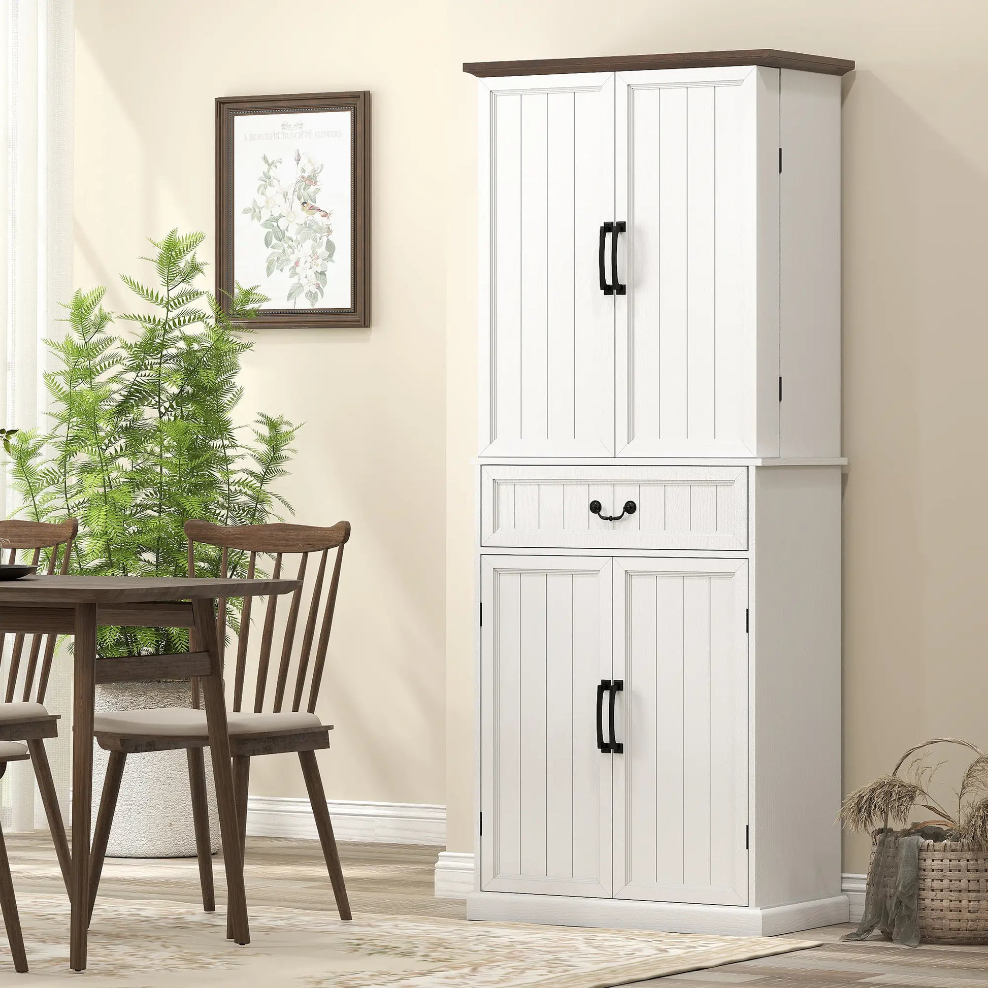 71" LED Kitchen Pantry Cabinet, Farmhouse Storage, Distressed White, White Kitchen Pantry Cabinets at Gallery Canada
