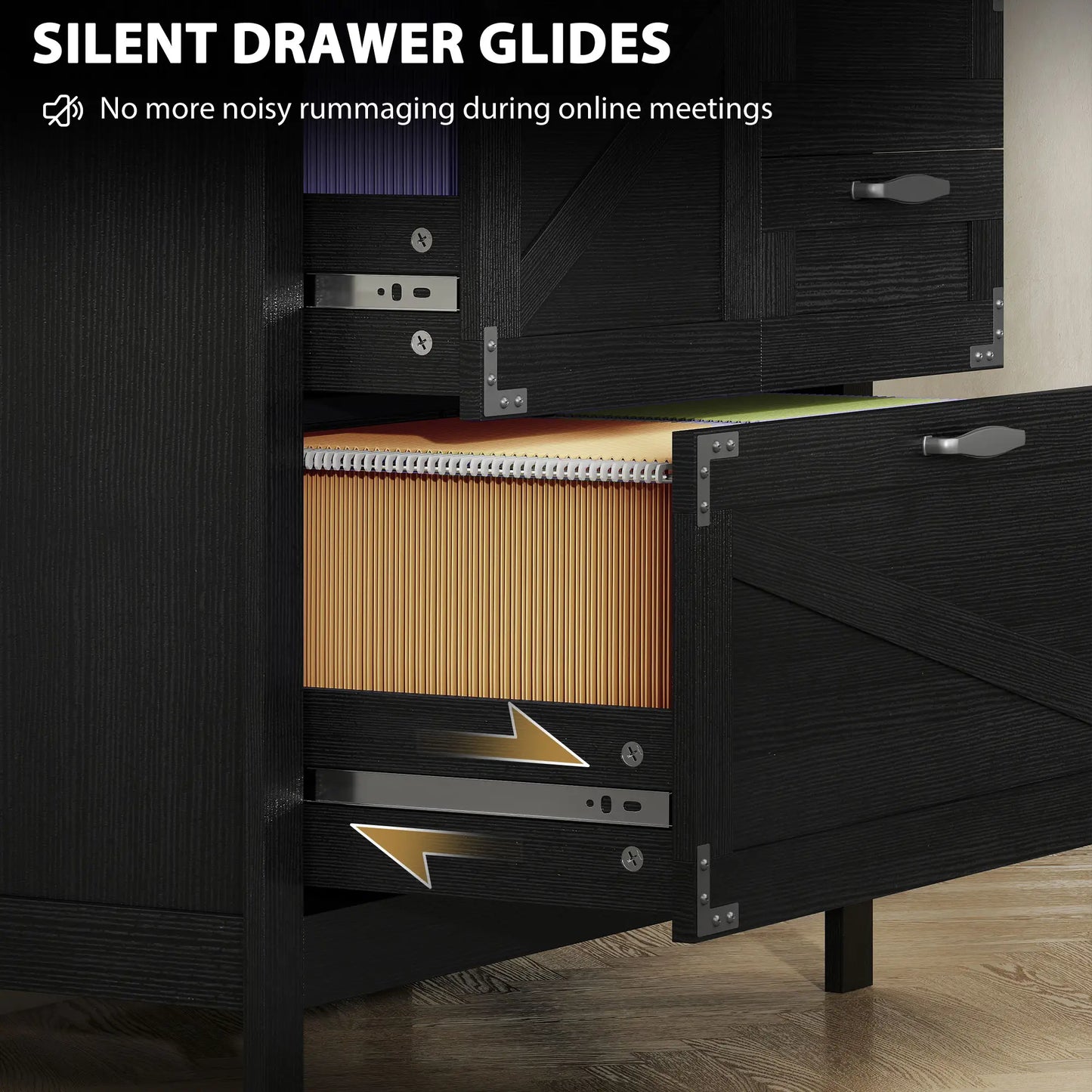 Lateral Filing Cabinet, 4 Drawers, Fits Letter/A4/Legal Files, Black Wood Grain, Black Office Cabinets & Cupboards at Gallery Canada