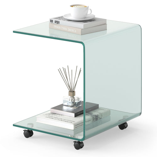 C-Shaped End Table, Tempered Glass Side Table With Shelf, Transparent