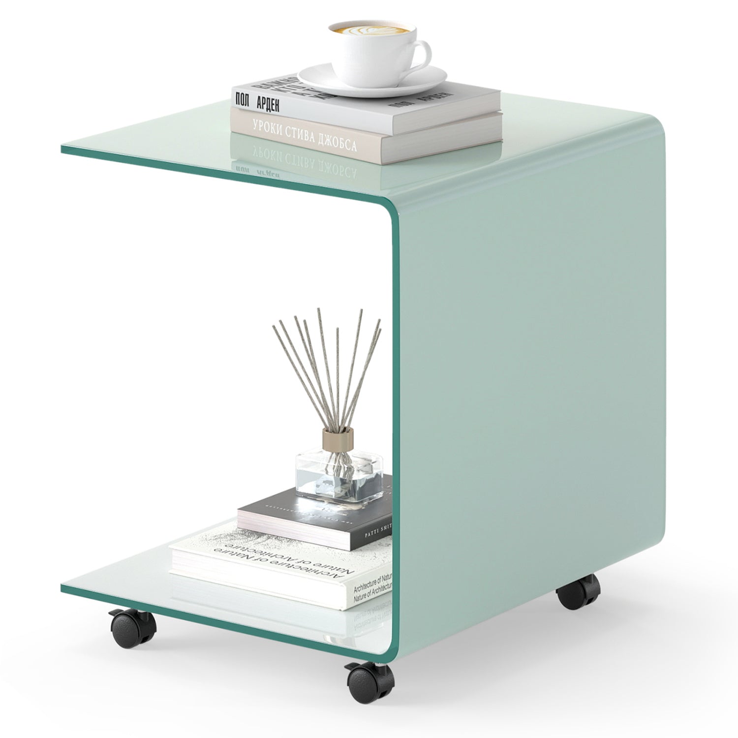 C-Shaped End Table Modern Tempered Glass Side Table with Shelf, White End & Side Tables White at Gallery Canada