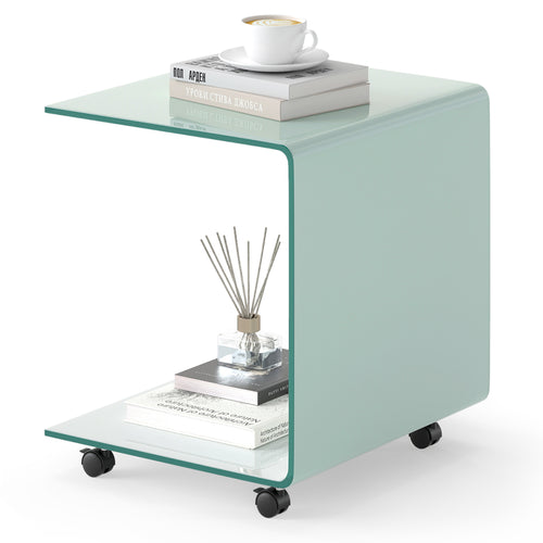 C-Shaped End Table Modern Tempered Glass Side Table with Shelf, White