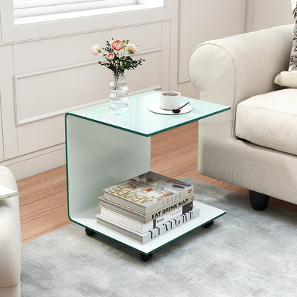 C-Shaped End Table Modern Tempered Glass Side Table with Shelf, White End & Side Tables at Gallery Canada