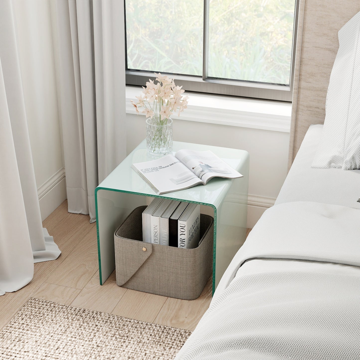 C-Shaped End Table Modern Tempered Glass Side Table with Shelf, White End & Side Tables at Gallery Canada