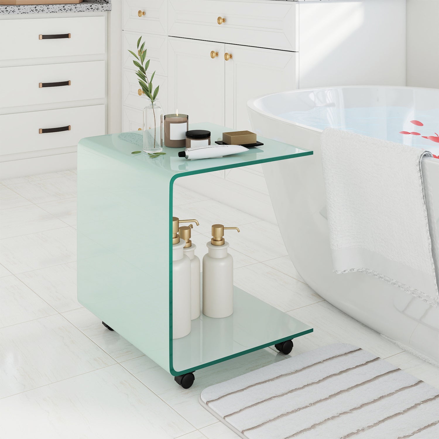 C-Shaped End Table Modern Tempered Glass Side Table with Shelf, White End & Side Tables at Gallery Canada