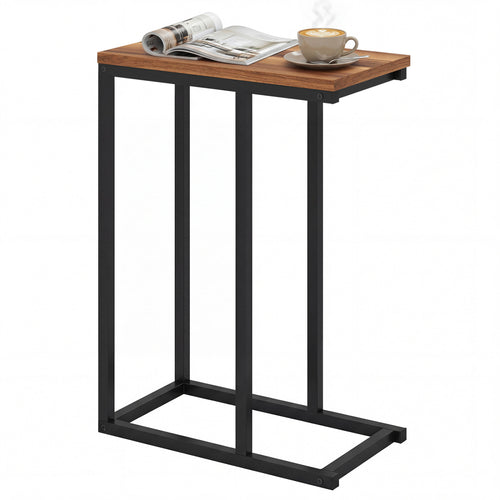 C-Shaped End Table Small Side Table with Sturdy Metal Frame, Walnut