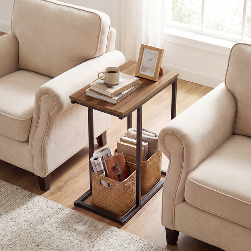 C-Shaped End Table Small Side Table with Sturdy Metal Frame, Walnut