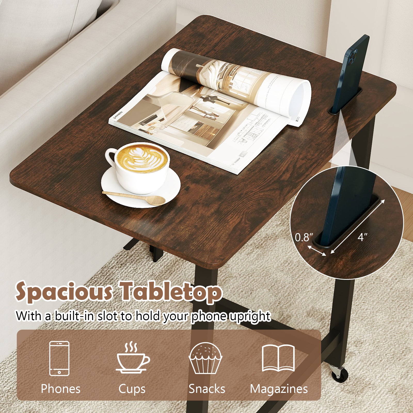 C-Shaped End Table With Wheels, Built-In Phone Slot, Rustic Brown End & Side Tables at Gallery Canada