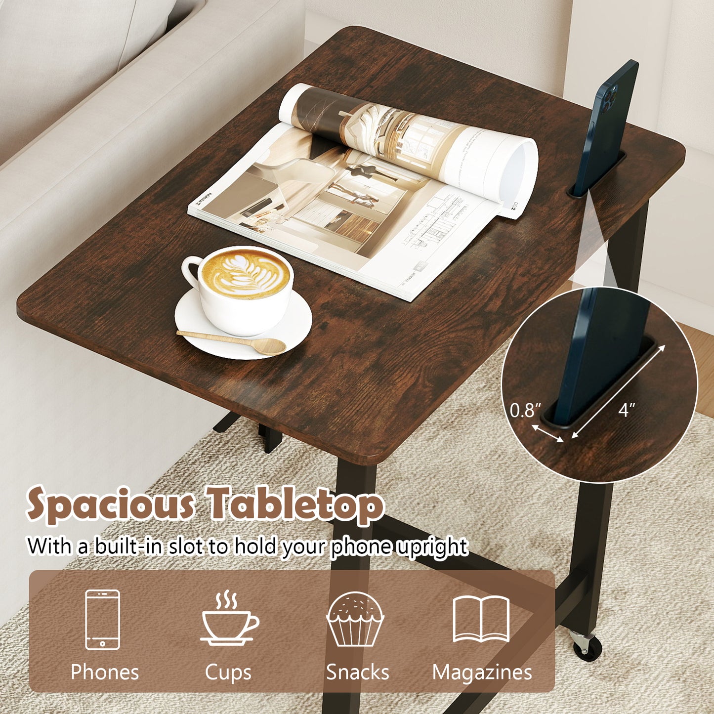 C-Shaped End Table With Wheels, Built-In Phone Slot, Rustic Brown End & Side Tables at Gallery Canada
