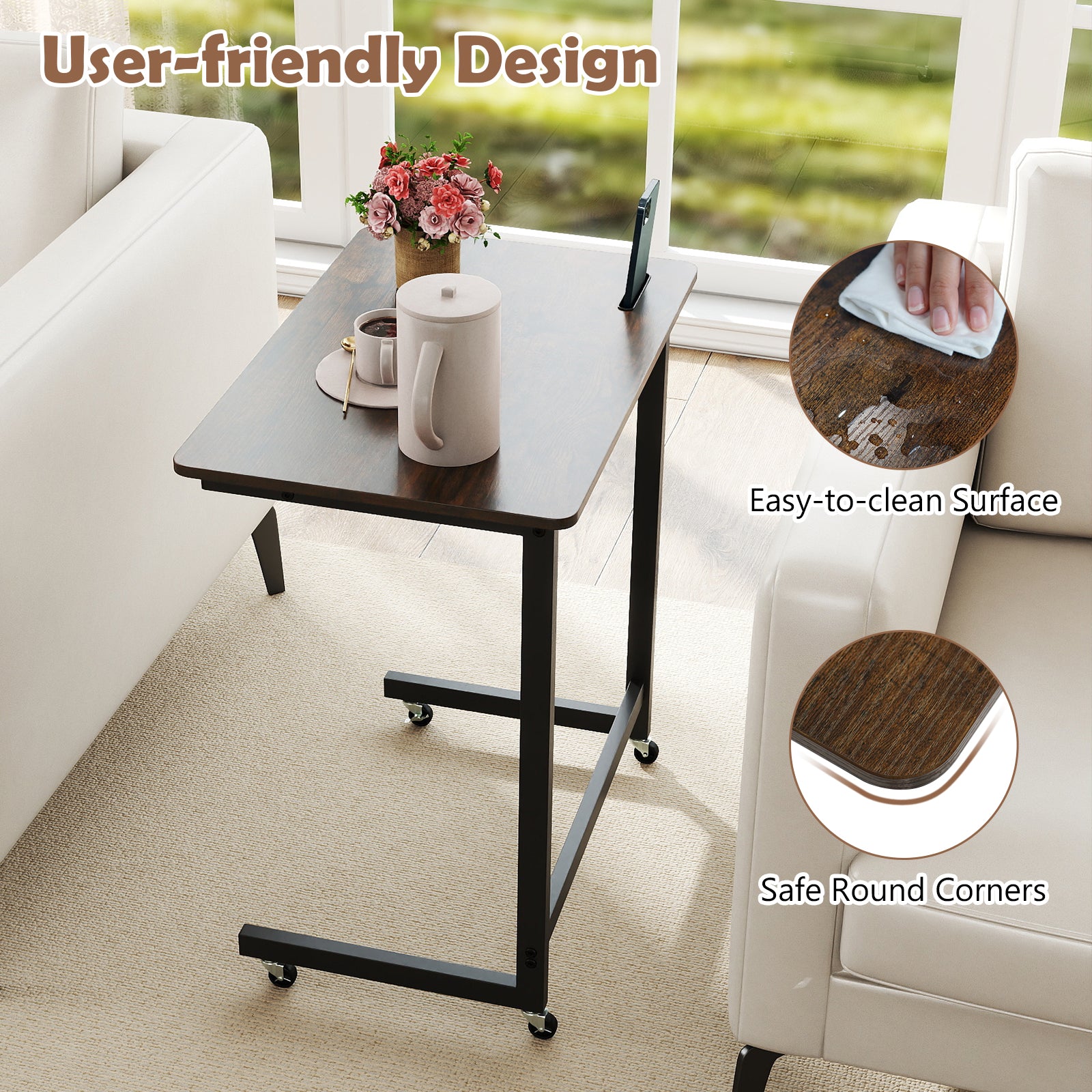 C-Shaped End Table With Wheels, Built-In Phone Slot, Rustic Brown End & Side Tables at Gallery Canada