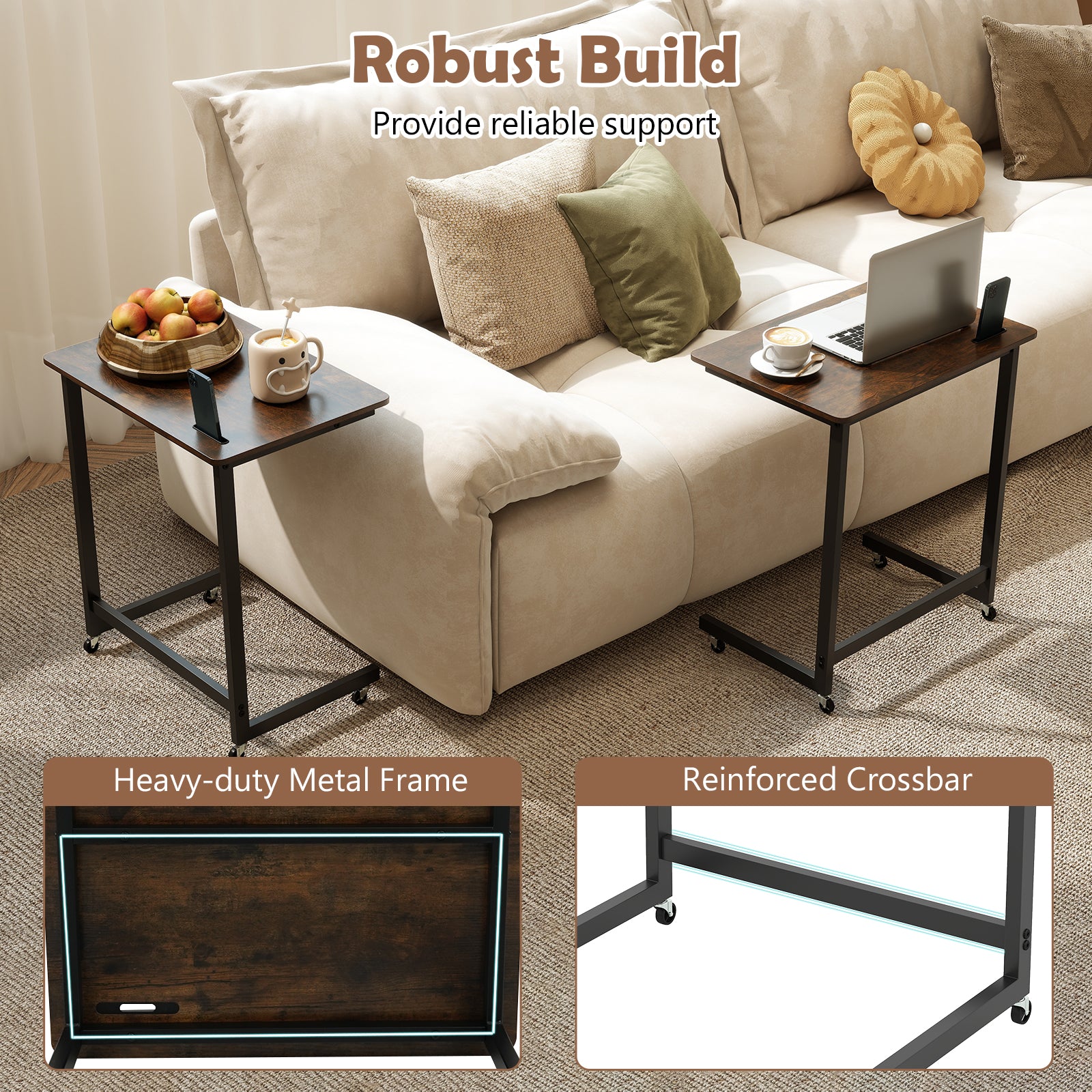 C-Shaped End Table With Wheels, Built-In Phone Slot, Rustic Brown End & Side Tables at Gallery Canada