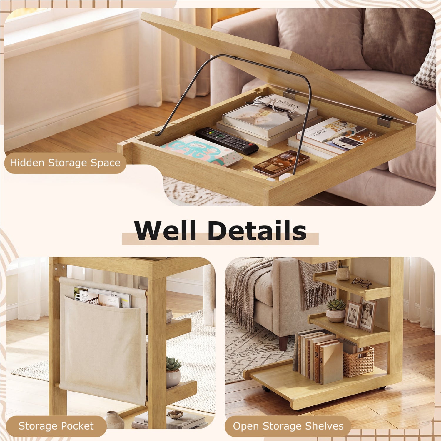 C-Shaped End Table With Wheels, Natural End & Side Tables at Gallery Canada