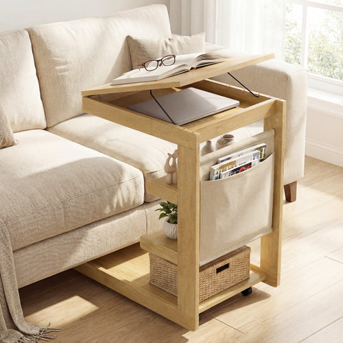C-Shaped End Table With Wheels, Natural
