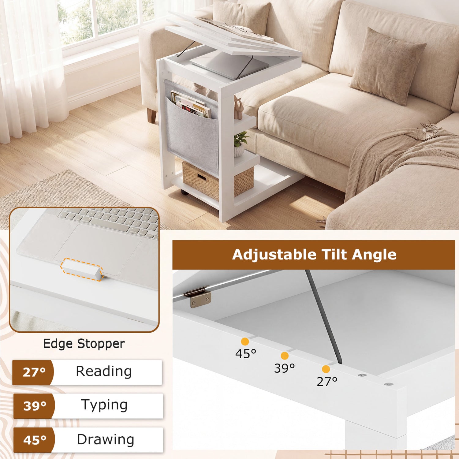 C-Shaped End Table With Wheels, White End & Side Tables at Gallery Canada
