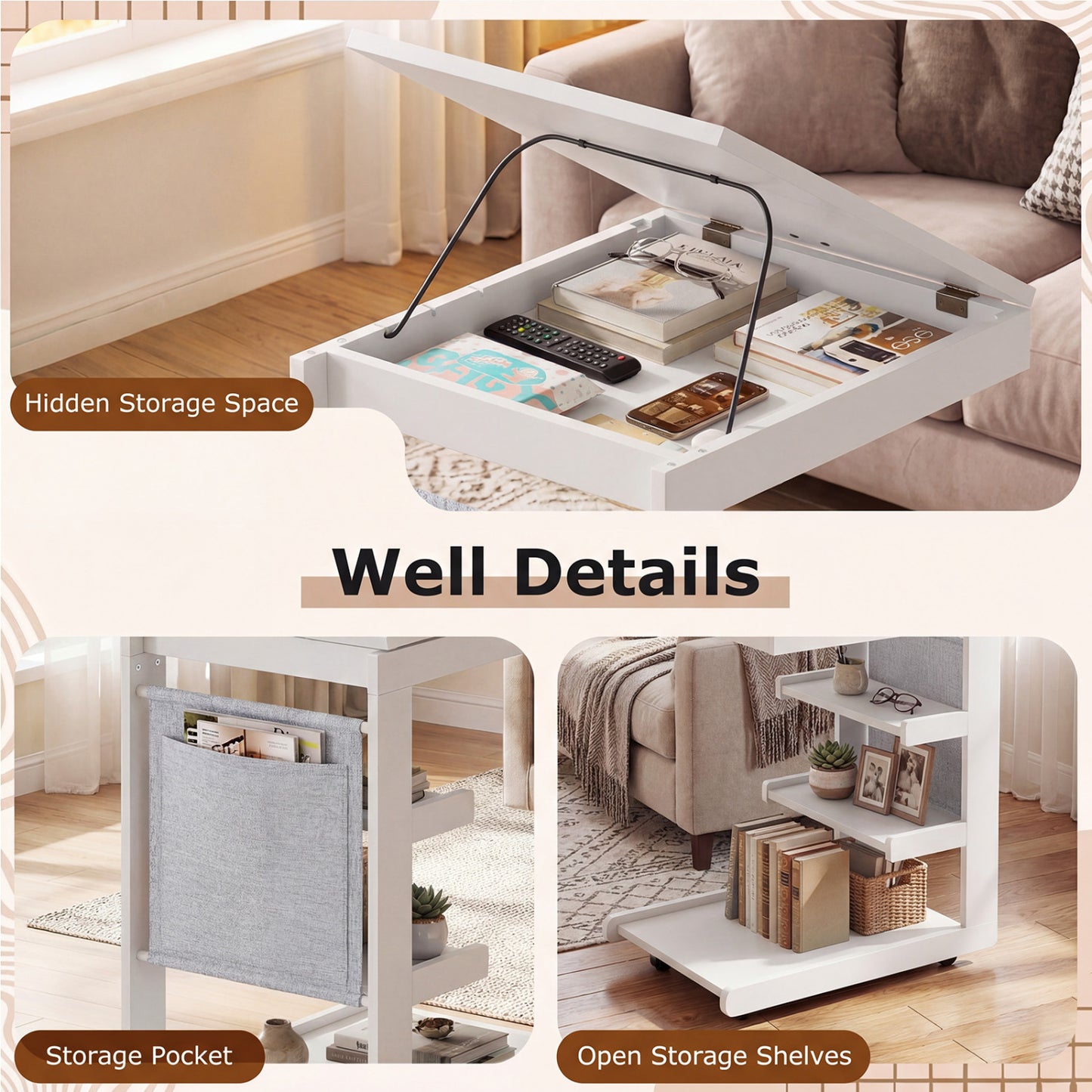 C-Shaped End Table With Wheels, White End & Side Tables at Gallery Canada