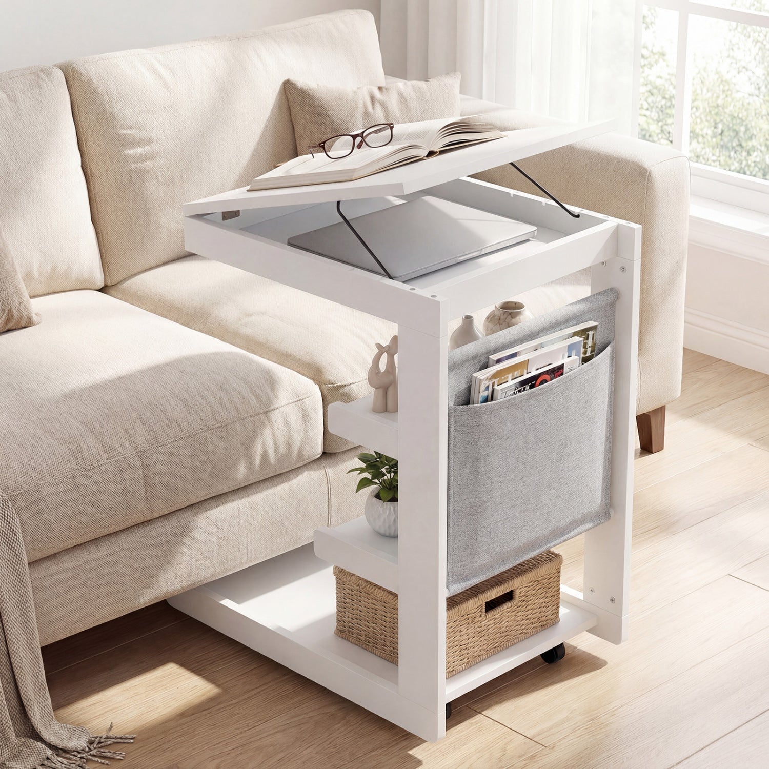 C-Shaped End Table With Wheels, White End & Side Tables at Gallery Canada