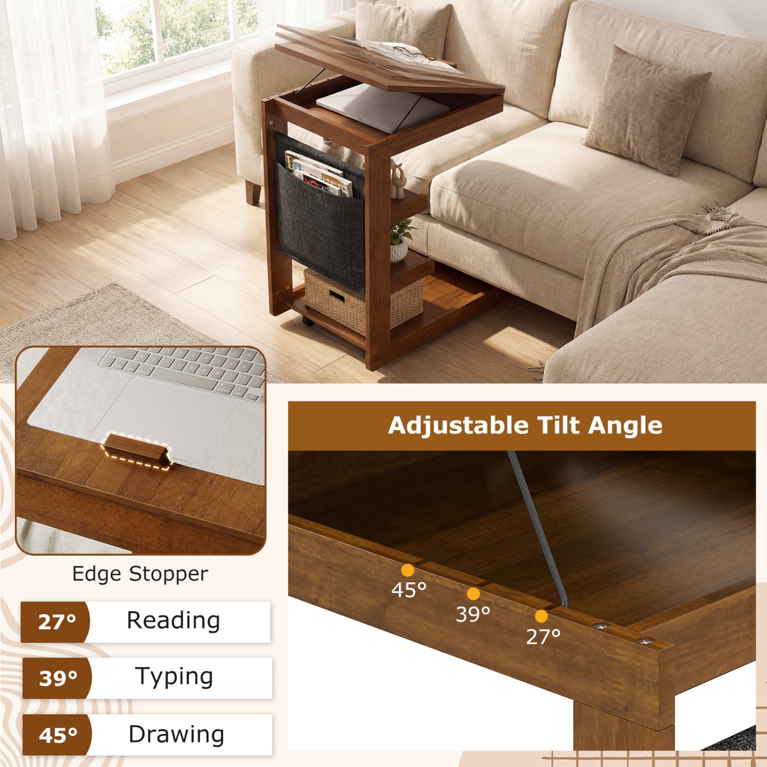C-Shaped End Table With Wheels, Adjustable Desktop, Brown End & Side Tables at Gallery Canada