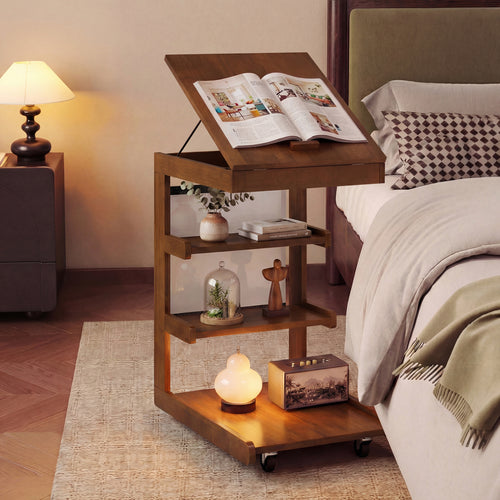 C-Shaped End Table With Wheels, Adjustable Desktop, Brown