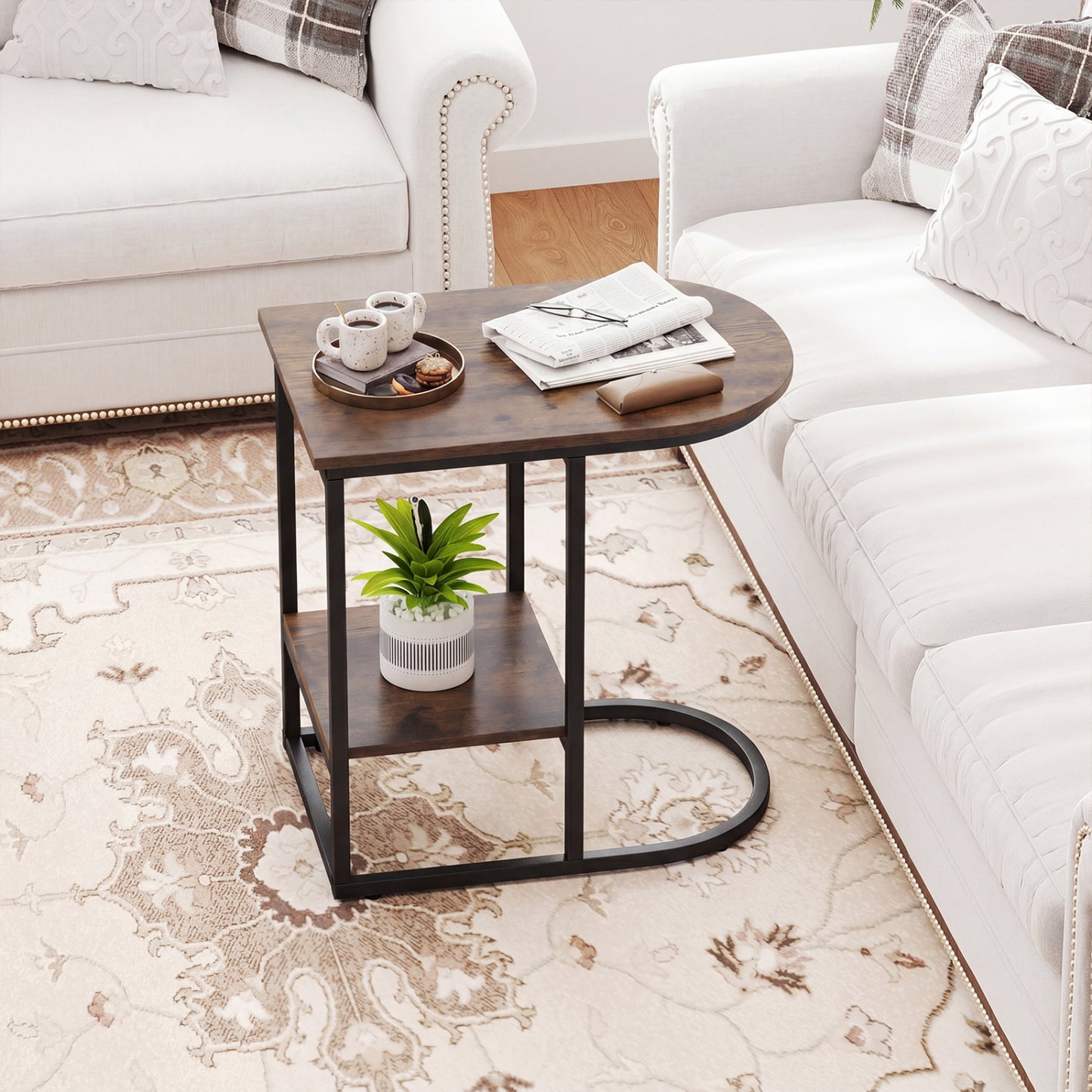 C-shaped Modern Sofa Side Table with Faux Marble Tabletop and Storage Shelf, Rustic Brown End & Side Tables at Gallery Canada