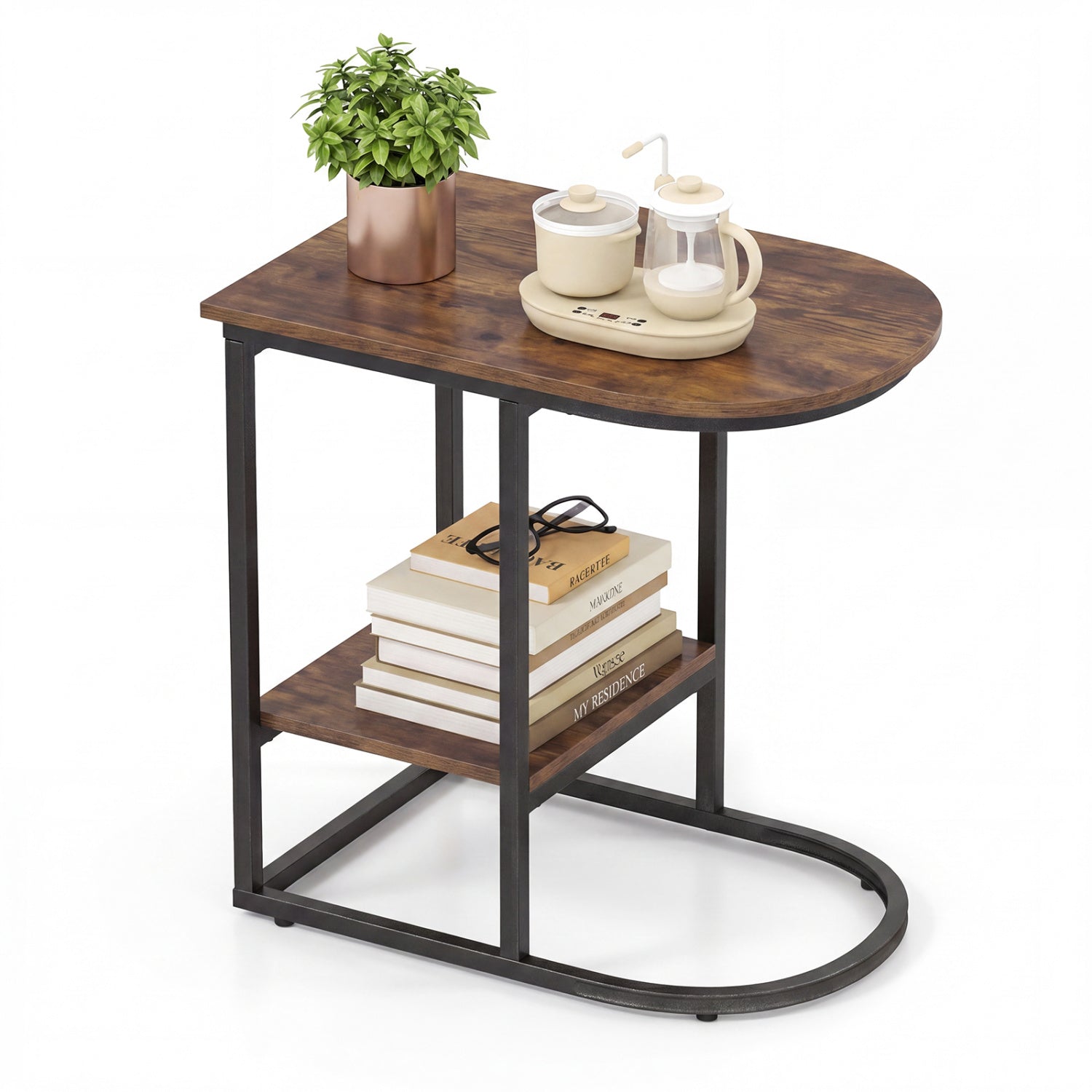 C-shaped Modern Sofa Side Table with Faux Marble Tabletop and Storage Shelf, Rustic Brown End & Side Tables at Gallery Canada