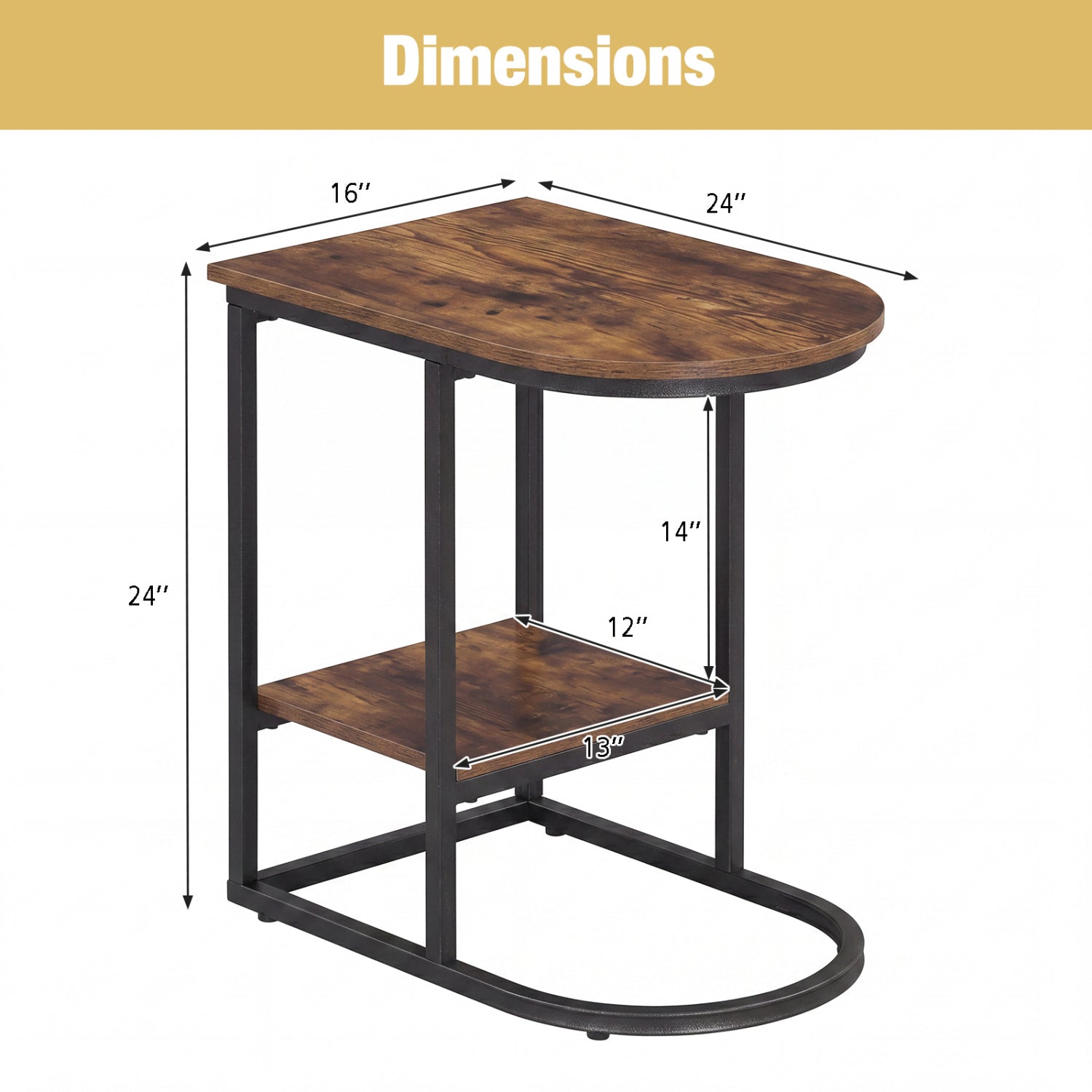 C-shaped Modern Sofa Side Table with Faux Marble Tabletop and Storage Shelf, Rustic Brown End & Side Tables at Gallery Canada