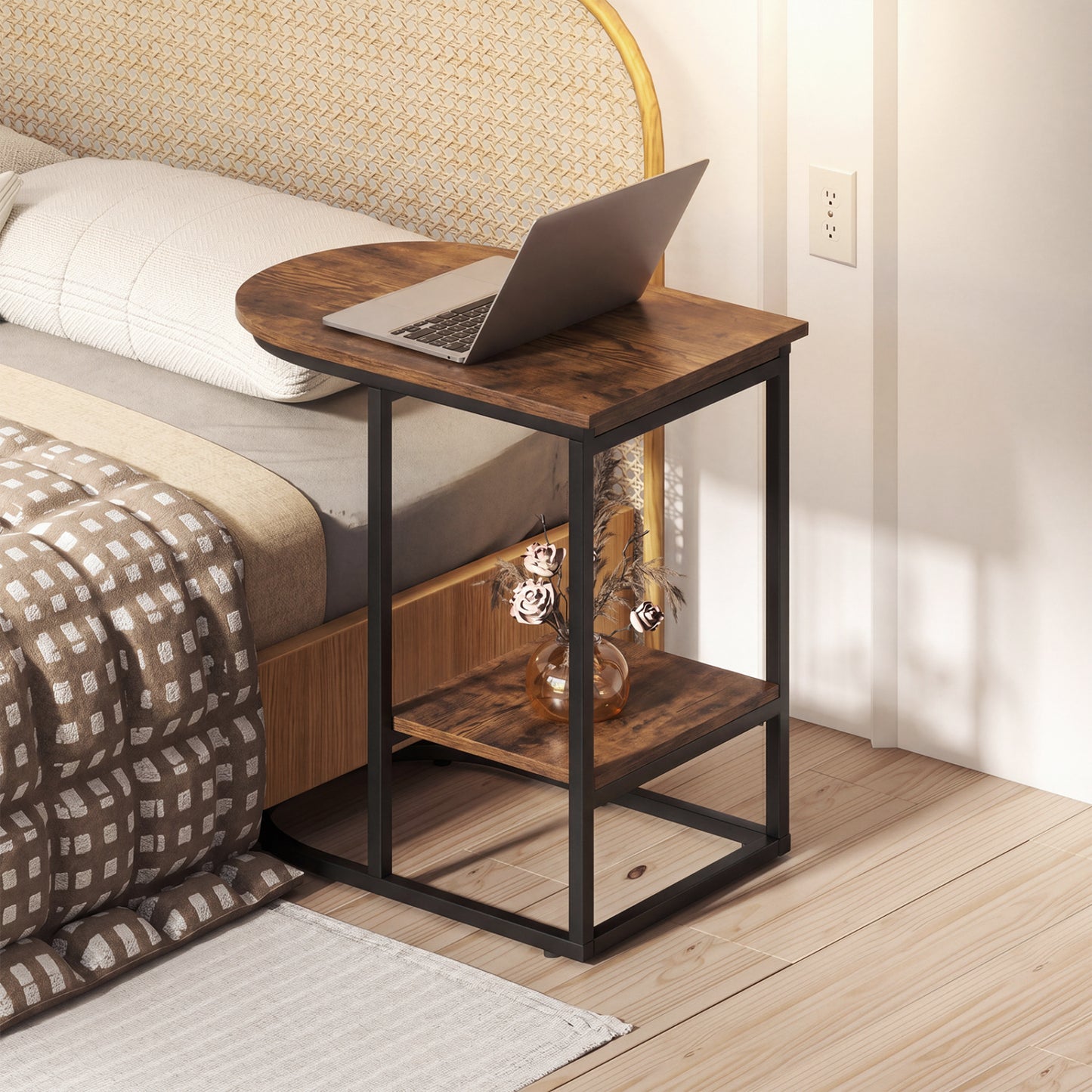 C-shaped Modern Sofa Side Table with Faux Marble Tabletop and Storage Shelf, Rustic Brown End & Side Tables at Gallery Canada