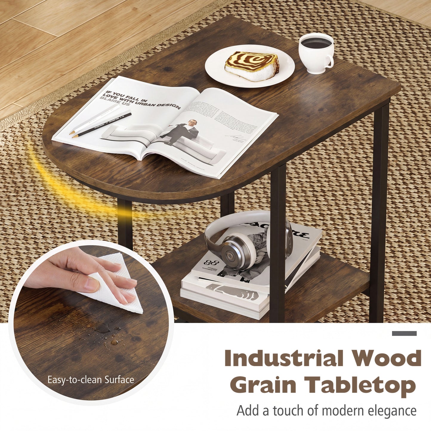 C-shaped Modern Sofa Side Table with Faux Marble Tabletop and Storage Shelf, Rustic Brown End & Side Tables at Gallery Canada