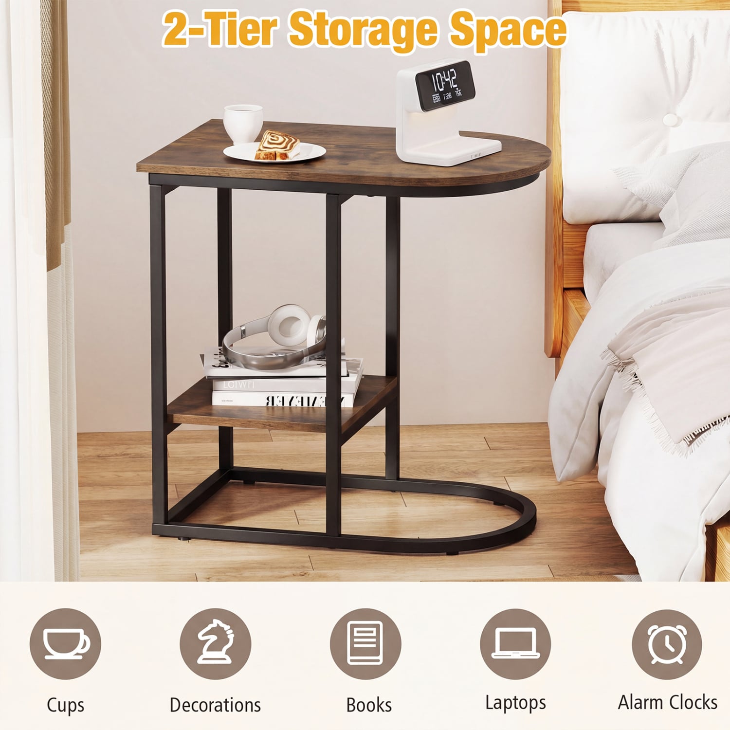 C-shaped Modern Sofa Side Table with Faux Marble Tabletop and Storage Shelf, Rustic Brown End & Side Tables at Gallery Canada