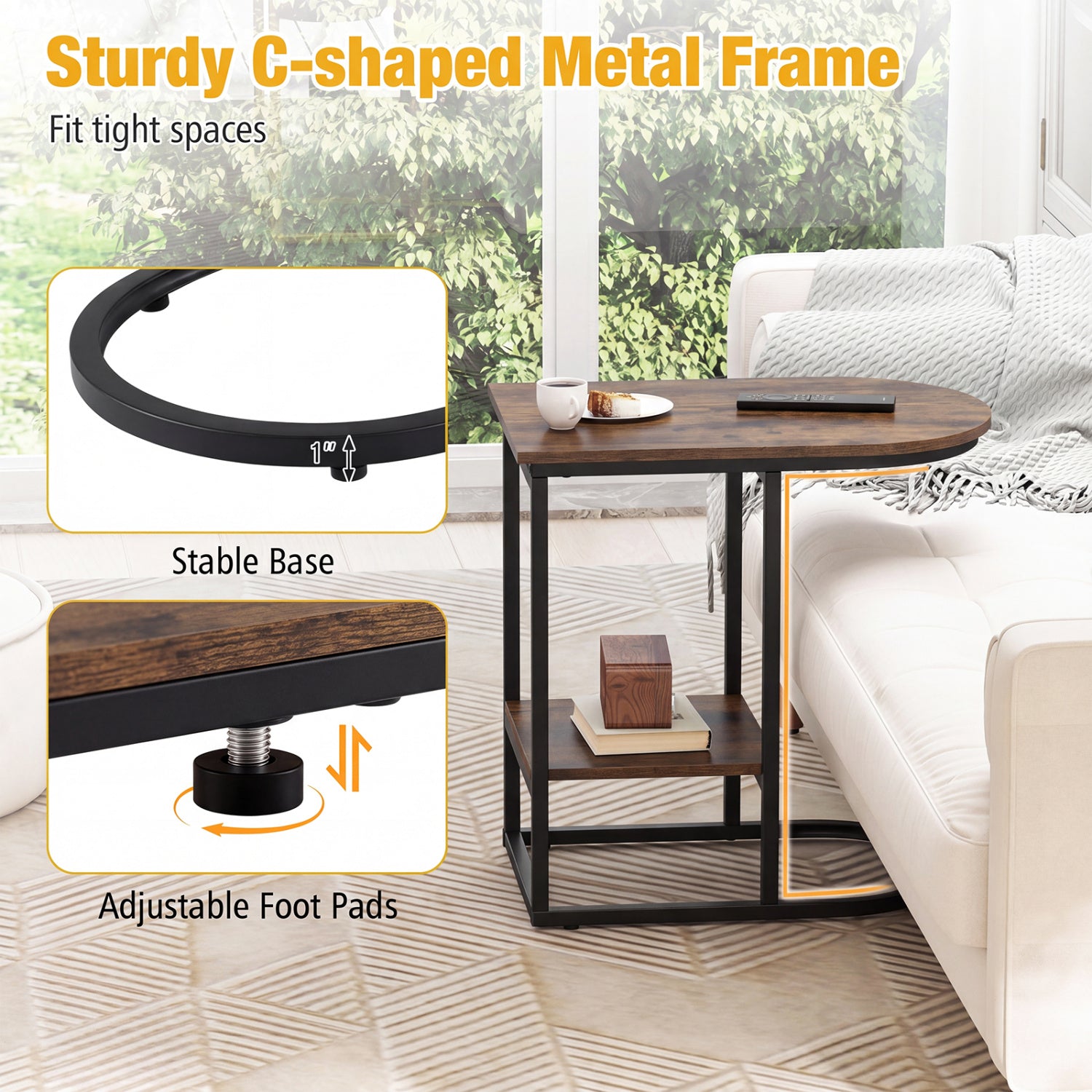 C-shaped Modern Sofa Side Table with Faux Marble Tabletop and Storage Shelf, Rustic Brown End & Side Tables at Gallery Canada