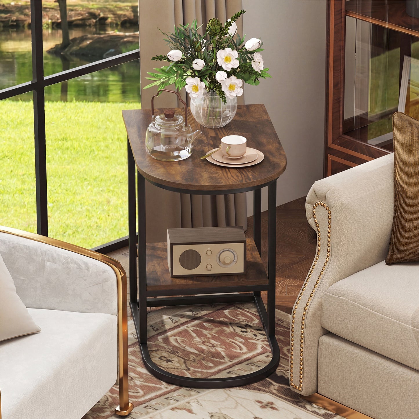 C-shaped Modern Sofa Side Table with Storage Shelf Faux and Marble Tabletop , Rustic Brown End & Side Tables at Gallery Canada