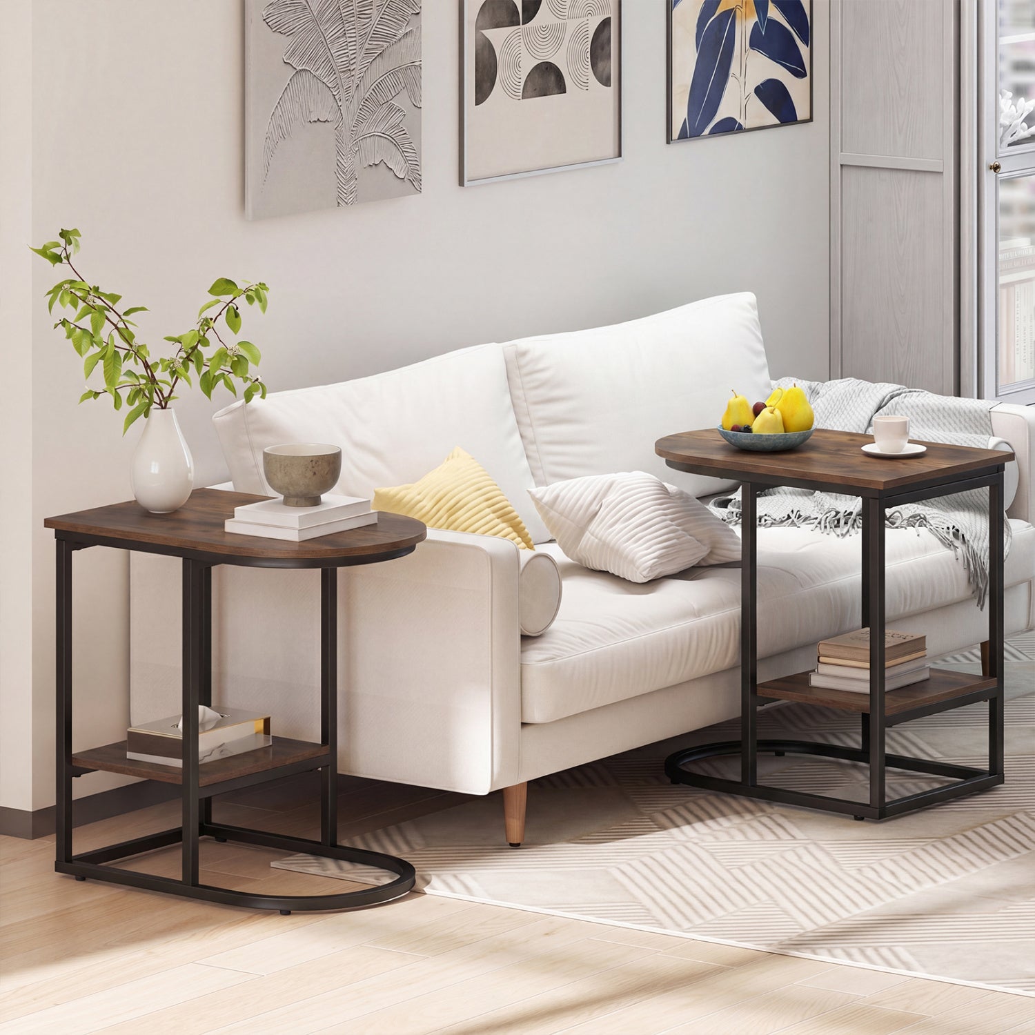 C-shaped Modern Sofa Side Table with Storage Shelf Faux and Marble Tabletop , Rustic Brown End & Side Tables at Gallery Canada